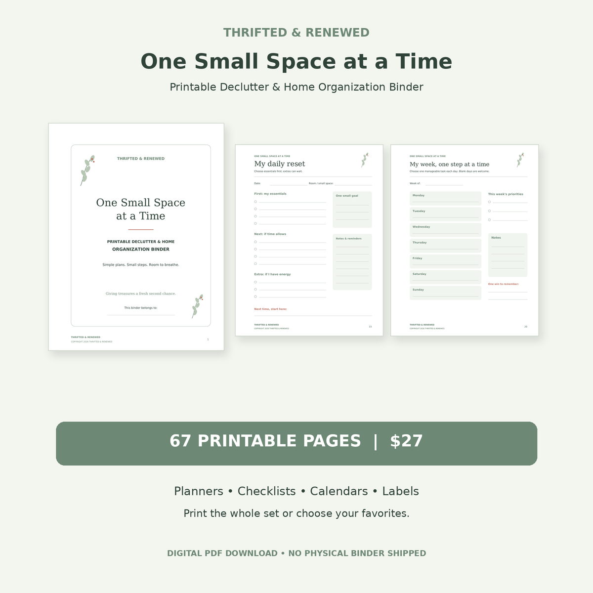 One Small Space at a Time — Printable Declutter Binder – Thrifted and ...